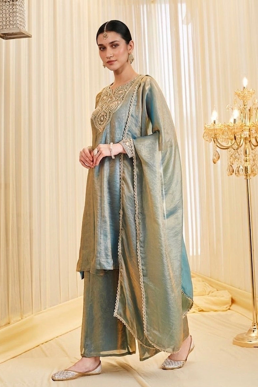 Dusty Sage Green Embroidered A-Line Kurta Palazzo Set with Dupatta