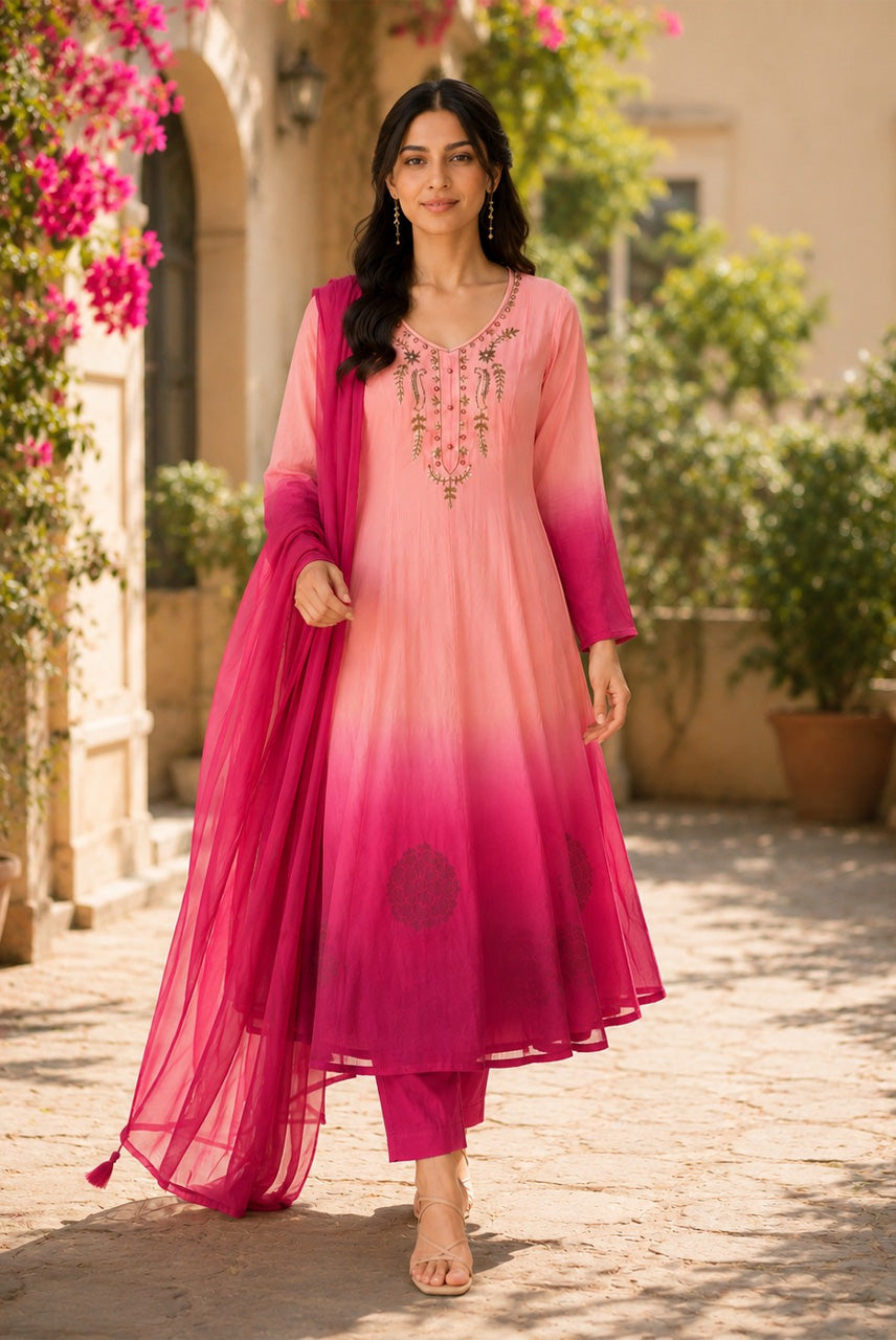 Ombre Pink Embroidered Anarkali Kurta Set with Dupatta