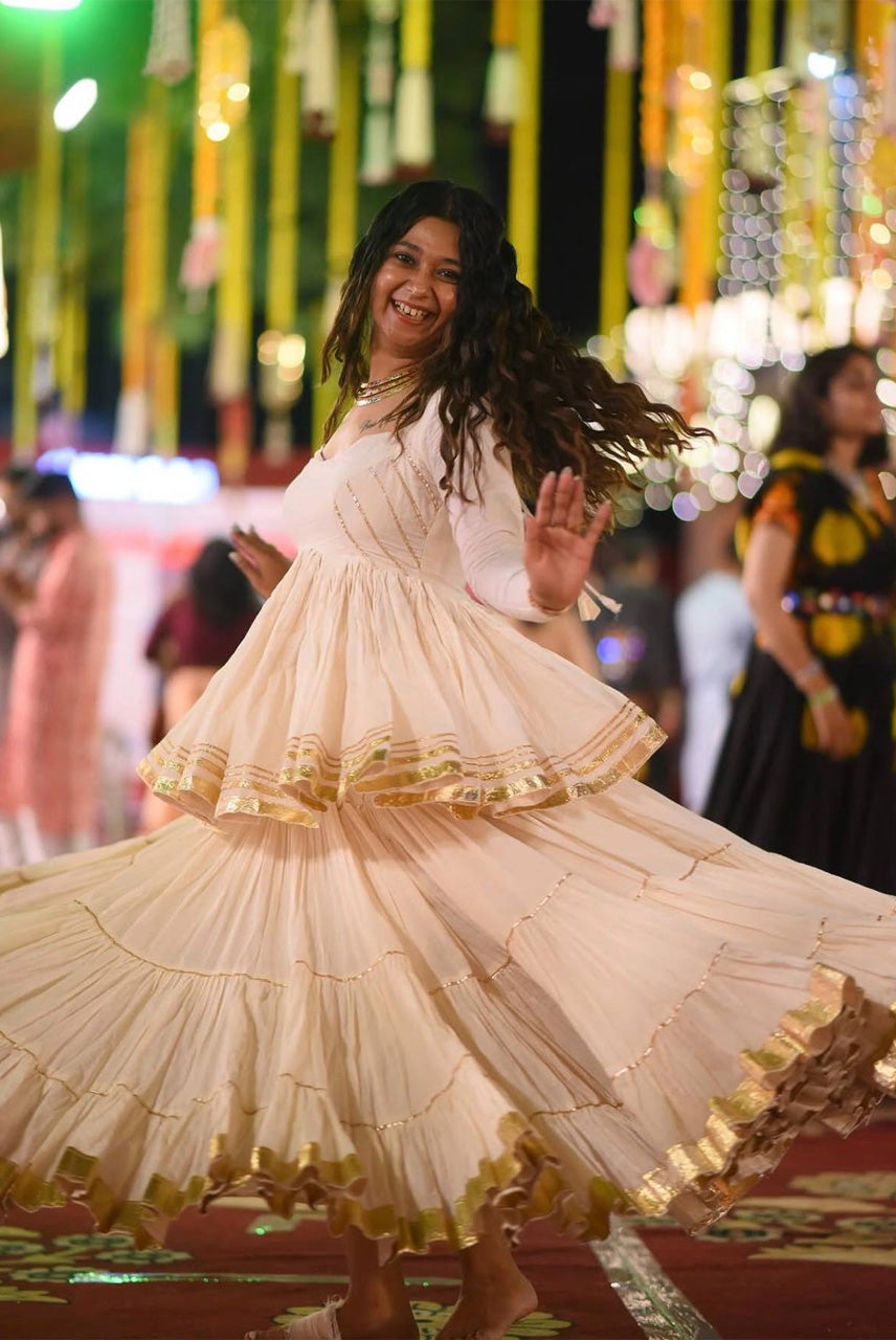 Ivory White Tiered Anarkali Gown with Ruffle Dupatta