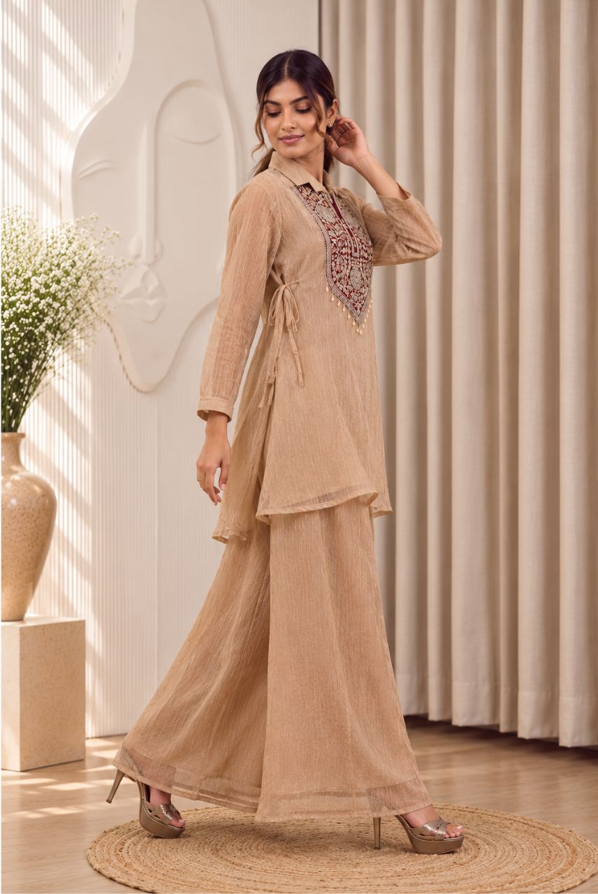 Beige Salsa Fabric Embroidered Kaftan Set with Palazzo