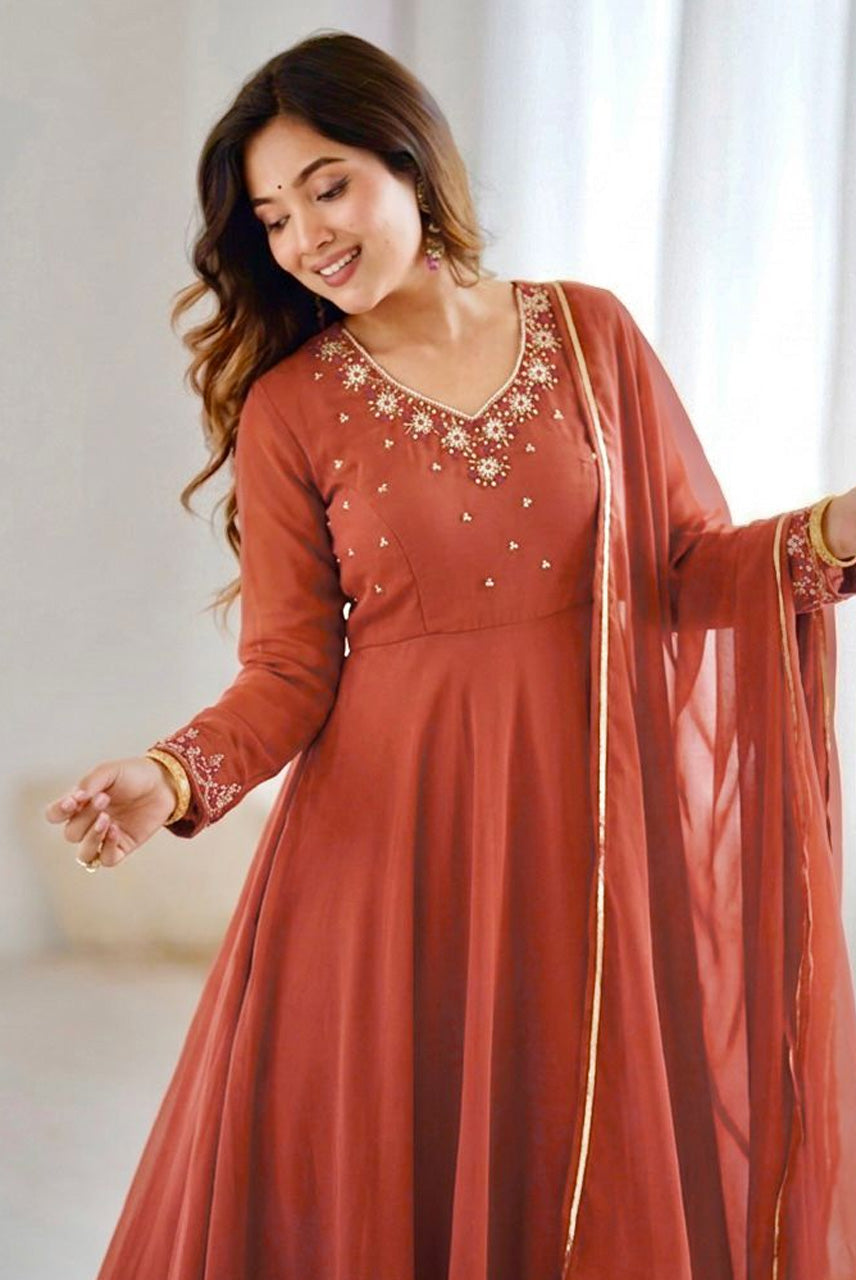 Rust Orange Embroidered Anarkali Kurta Set with Dupatta