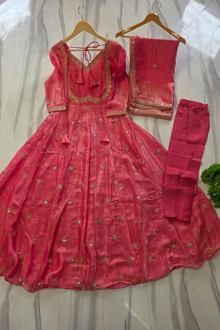 Gulnaar Pink Organza Anarkali Kurta Set