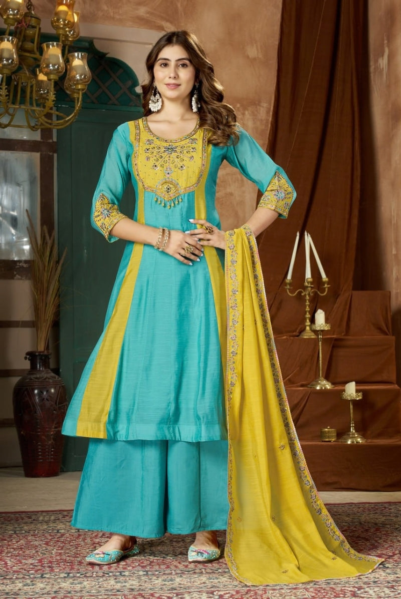 Turquoise Blue & Mustard Yellow Embroidered Mal Chanderi Kurta Set with Dupatta