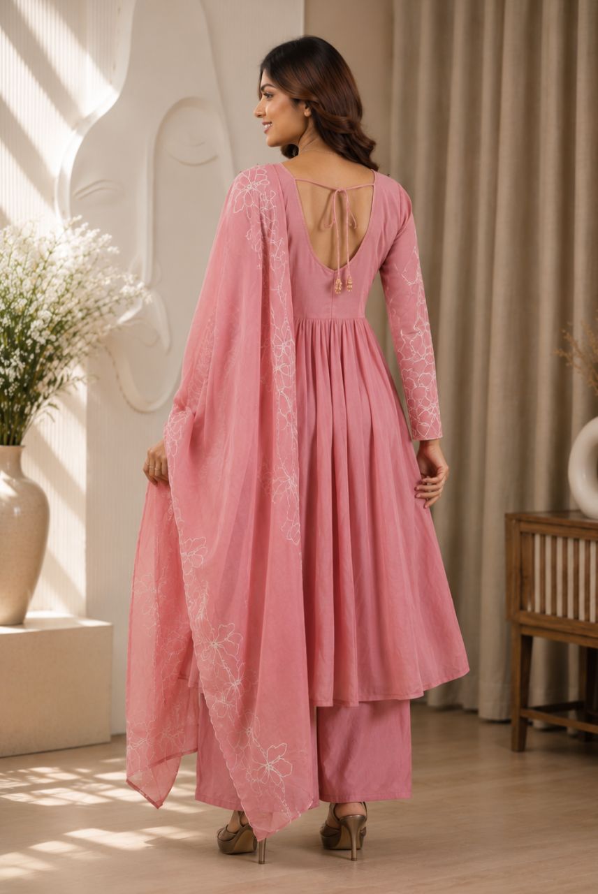 Dusty Rose Mul Chanderi Floral Embroidered Kurta Set with Dupatta