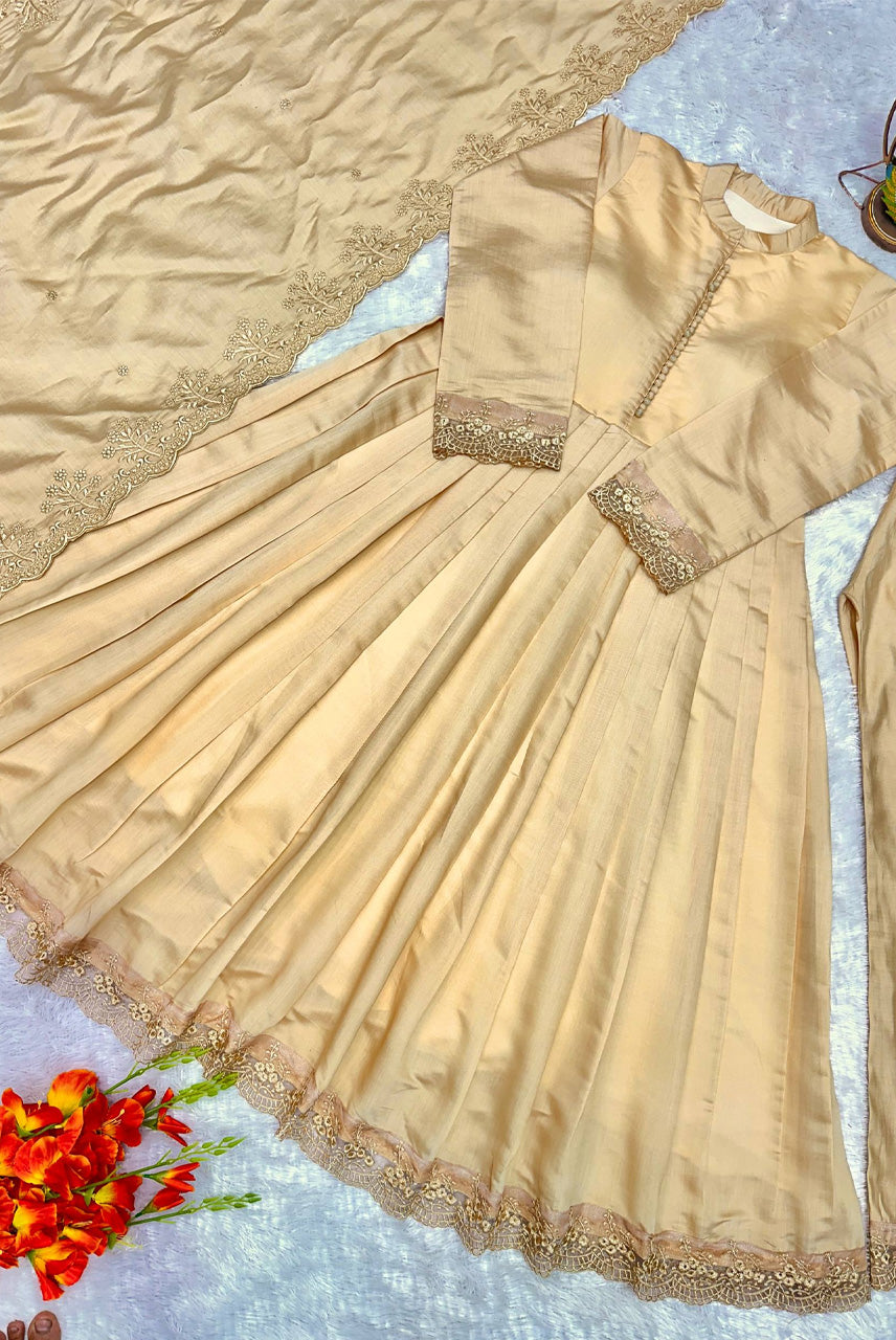 Champagne Beige Embroidered Anarkali Suit Set with Dupatta