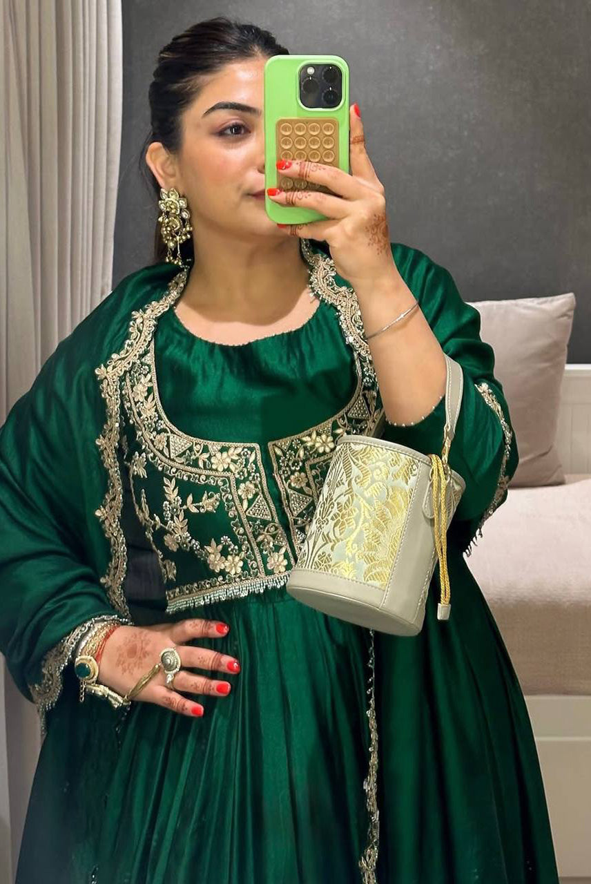 Emerald Green Embroidered Anarkali Gown Set with Dupatta
