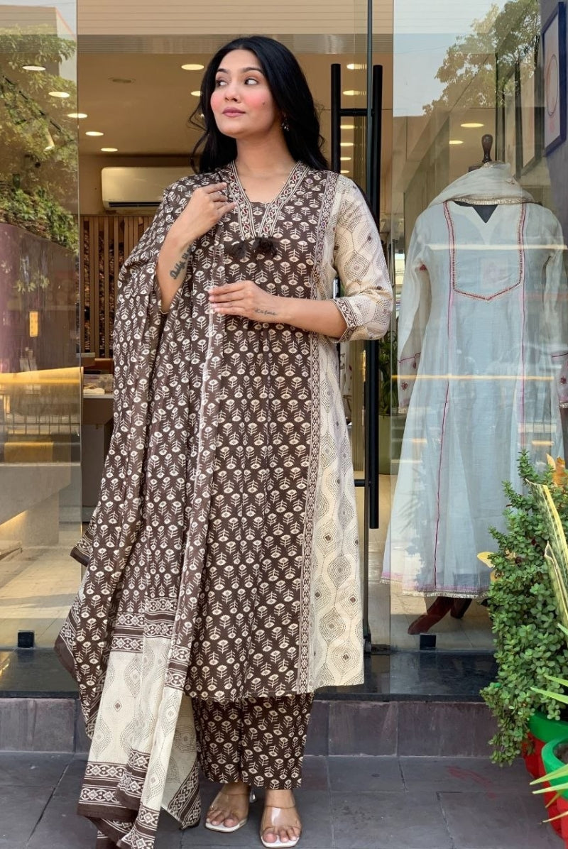 Brown & Ivory Printed Jaipur Cotton Suit Set with Dupatta