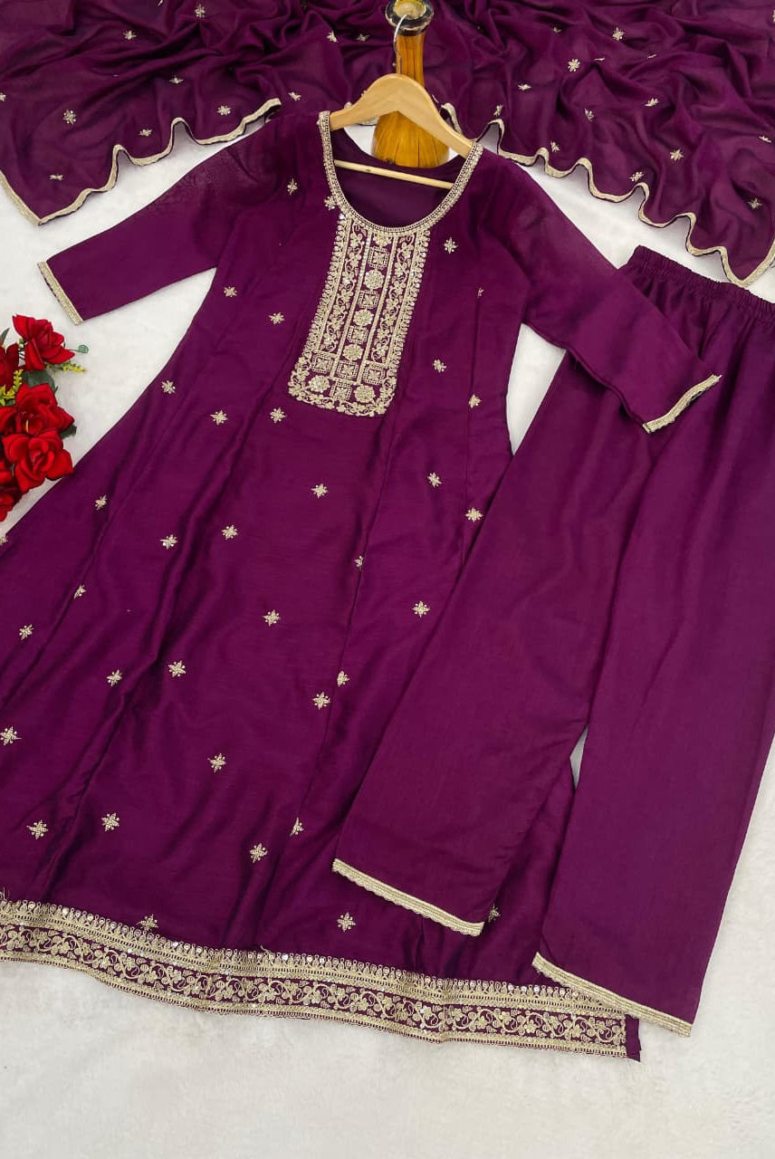 Wine Purple Embroidered Kurta Set with Dupatta