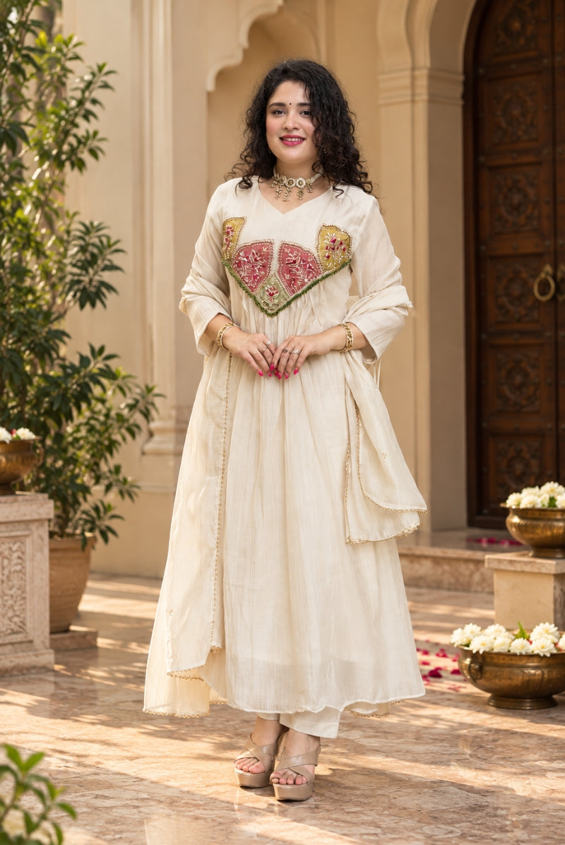 Ivory Embroidered Pure Mal Chanderi Anarkali Suit Set