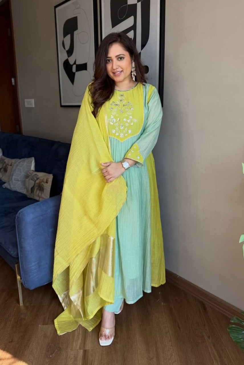 Lime Green & Mint Embroidered Anarkali Kurta Set with Dupatta