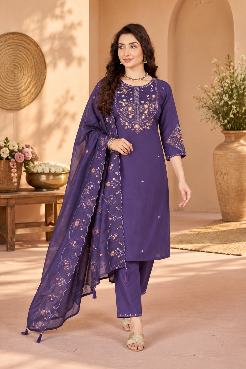 Royal Purple Marina Silk Embroidered Suit Set with Dupatta