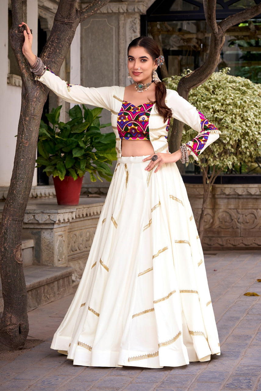 Ivory Embroidered Crop Top with Flared Skirt & Shrug Co-Ord Set