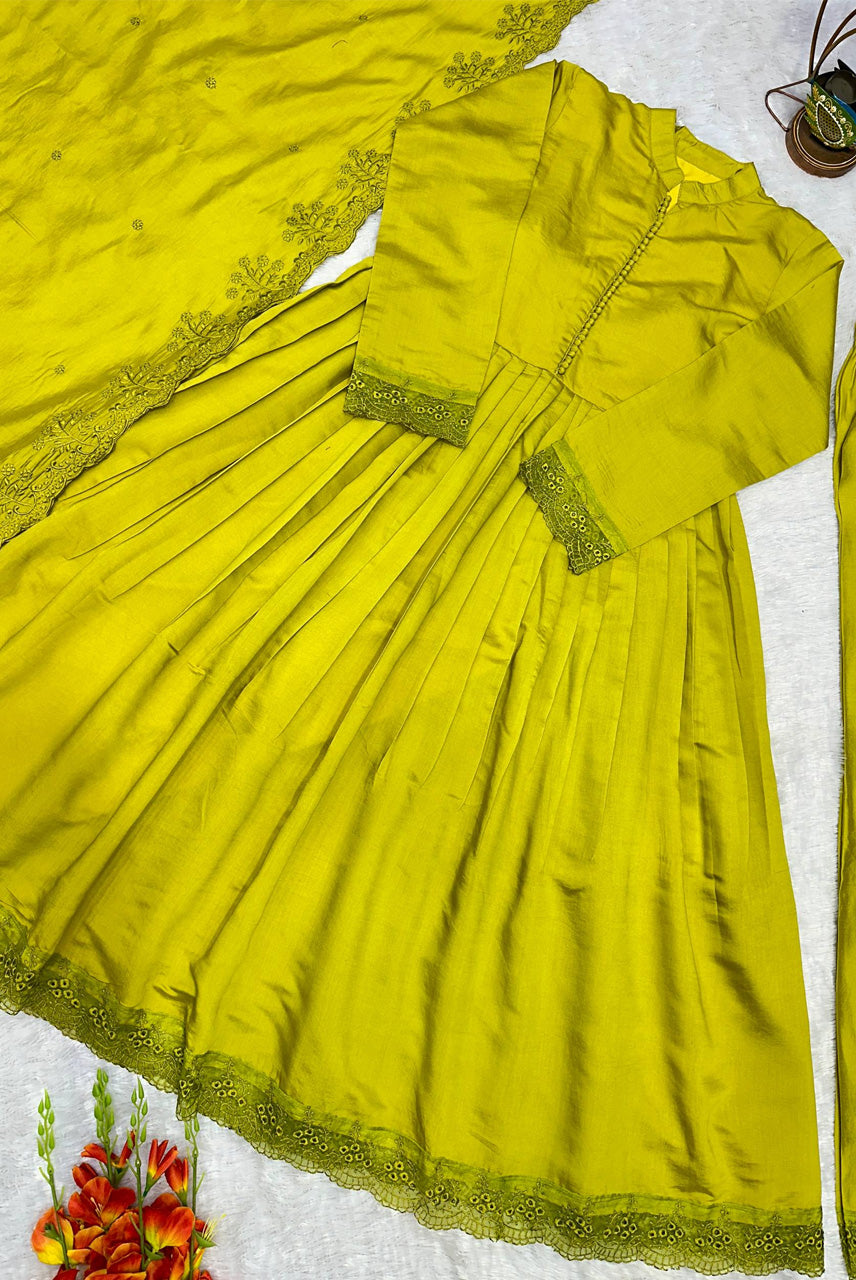 Lime Green Embroidered Anarkali Suit Set with Dupatta