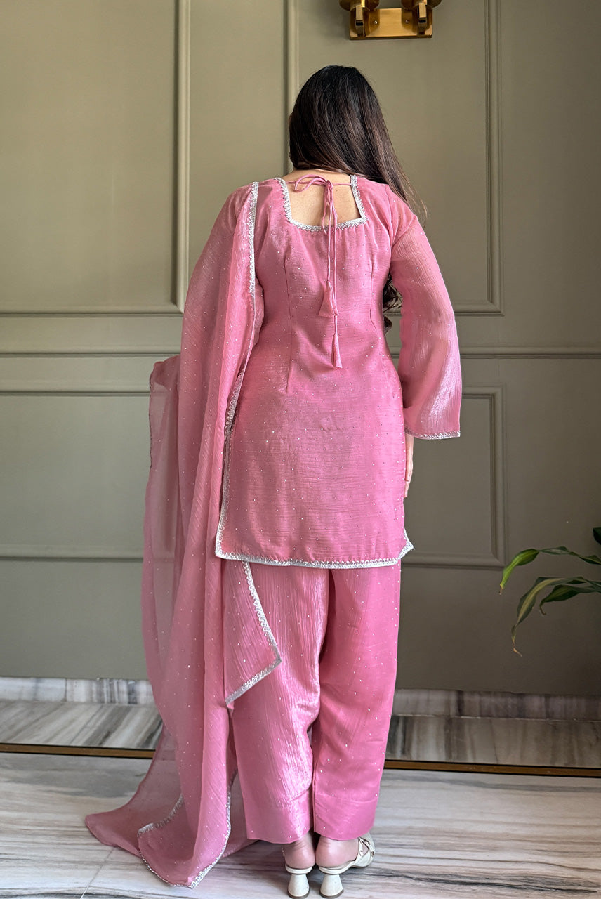 Blush Pink Embellished Kurta Pant Set with Dupatta