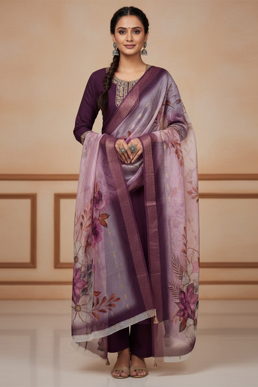 Lavender Bloom Floral Printed Kurta Set with Organza Dupatta