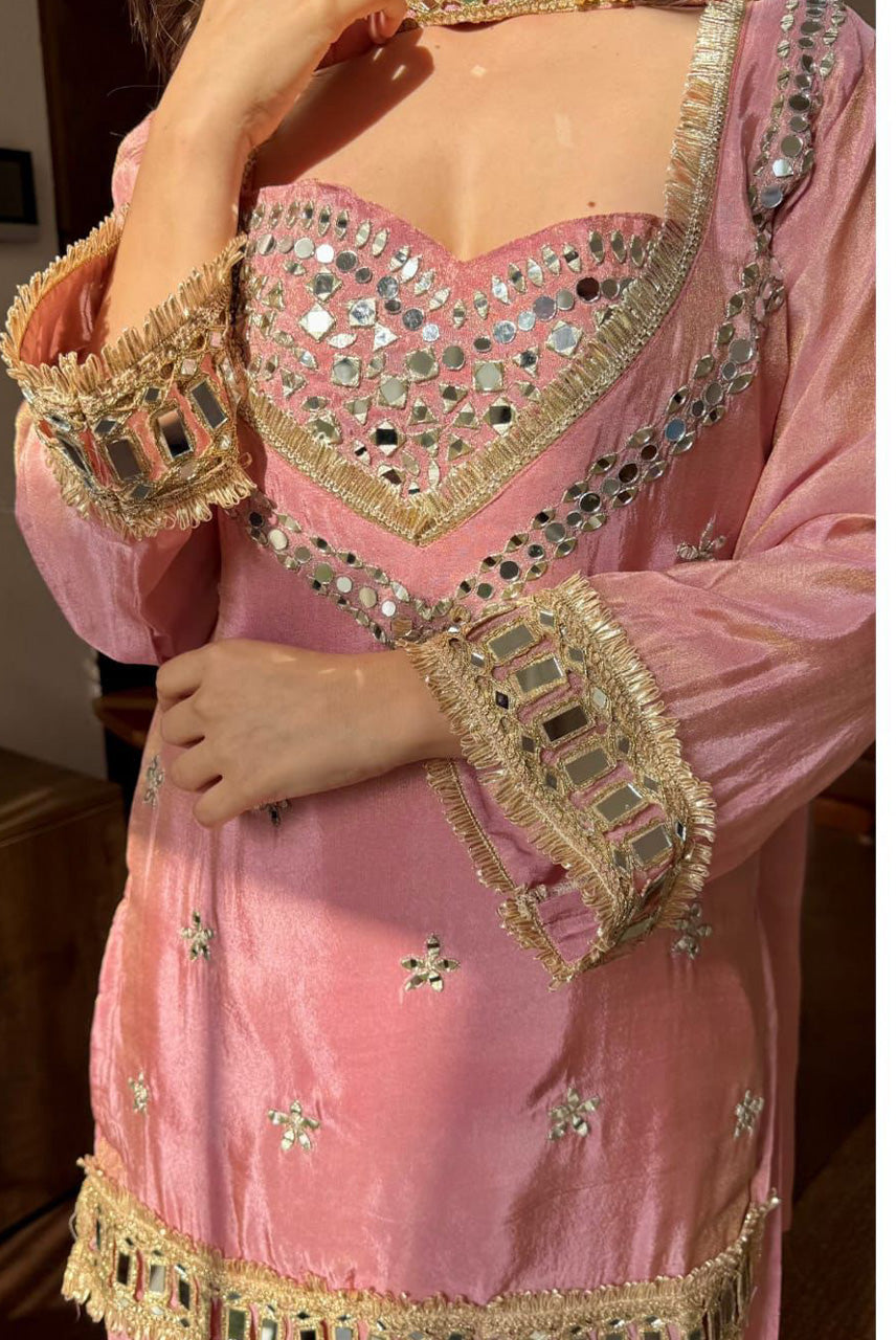 Gulbahar Blush Pink Mirror Work Sharara Set