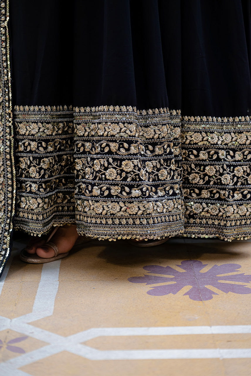 Midnight Black Embroidered Anarkali Gown with Dupatta