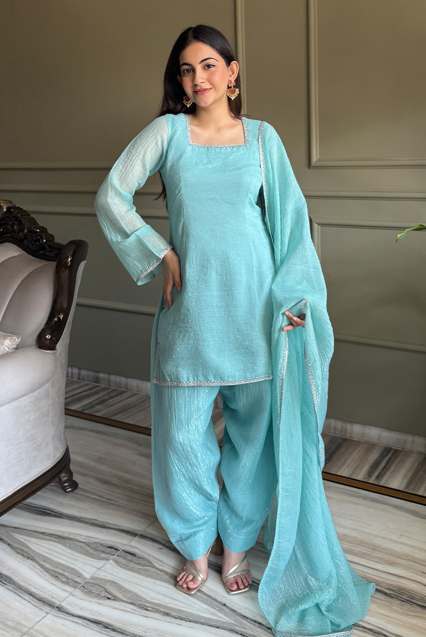 Powder Blue Embellished Kurta Palazzo Set with Dupatta