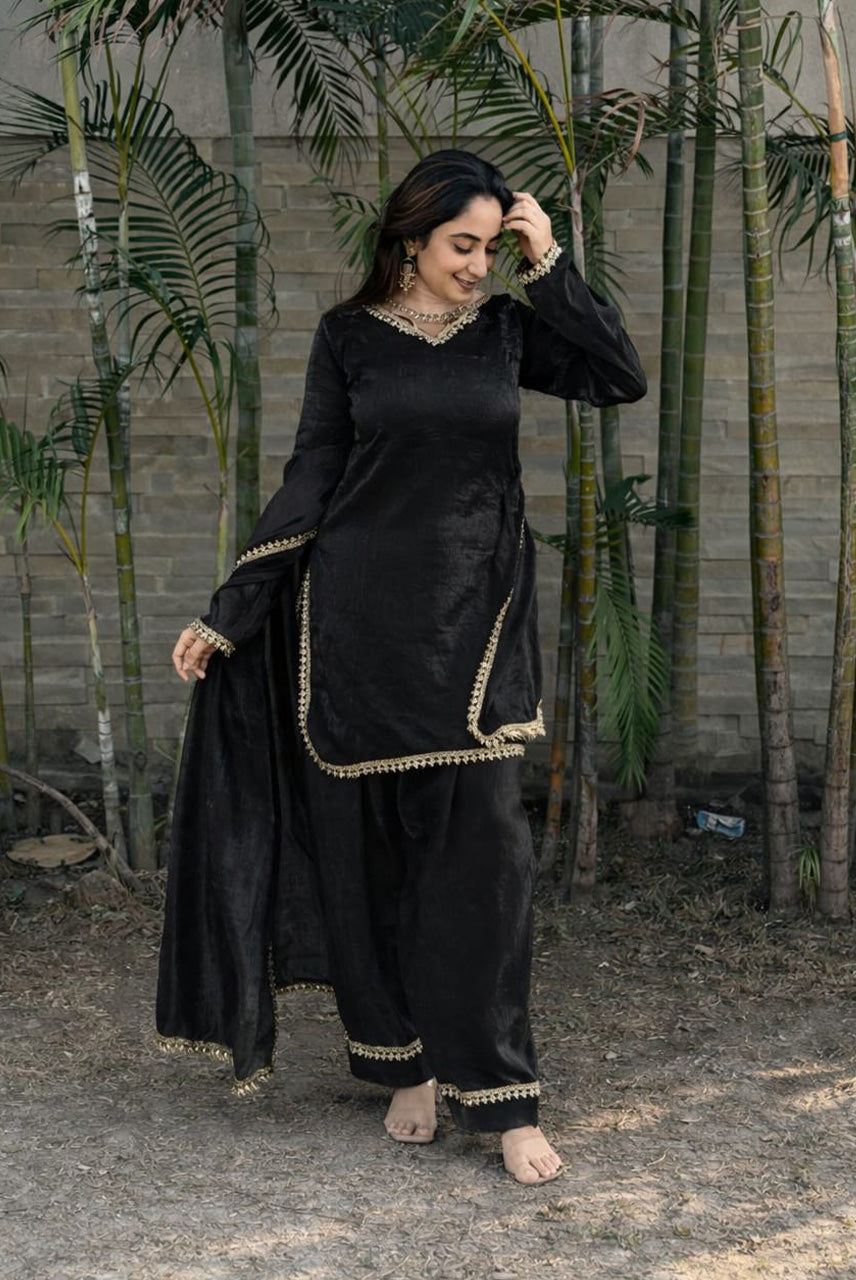 Classic Black Lace Detail Kurta Pant Set with Dupatta