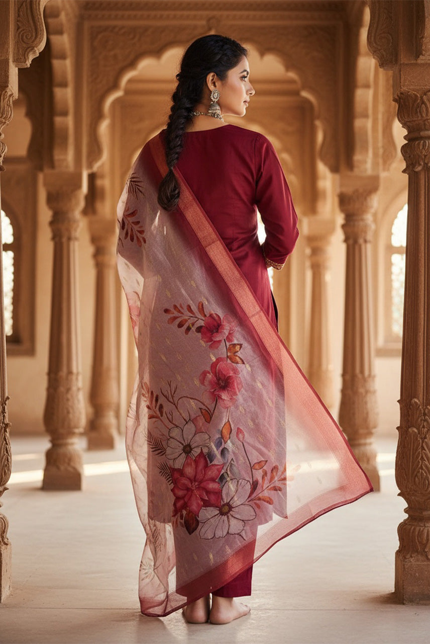Ruby Bloom Floral Organza Dupatta Kurta Set