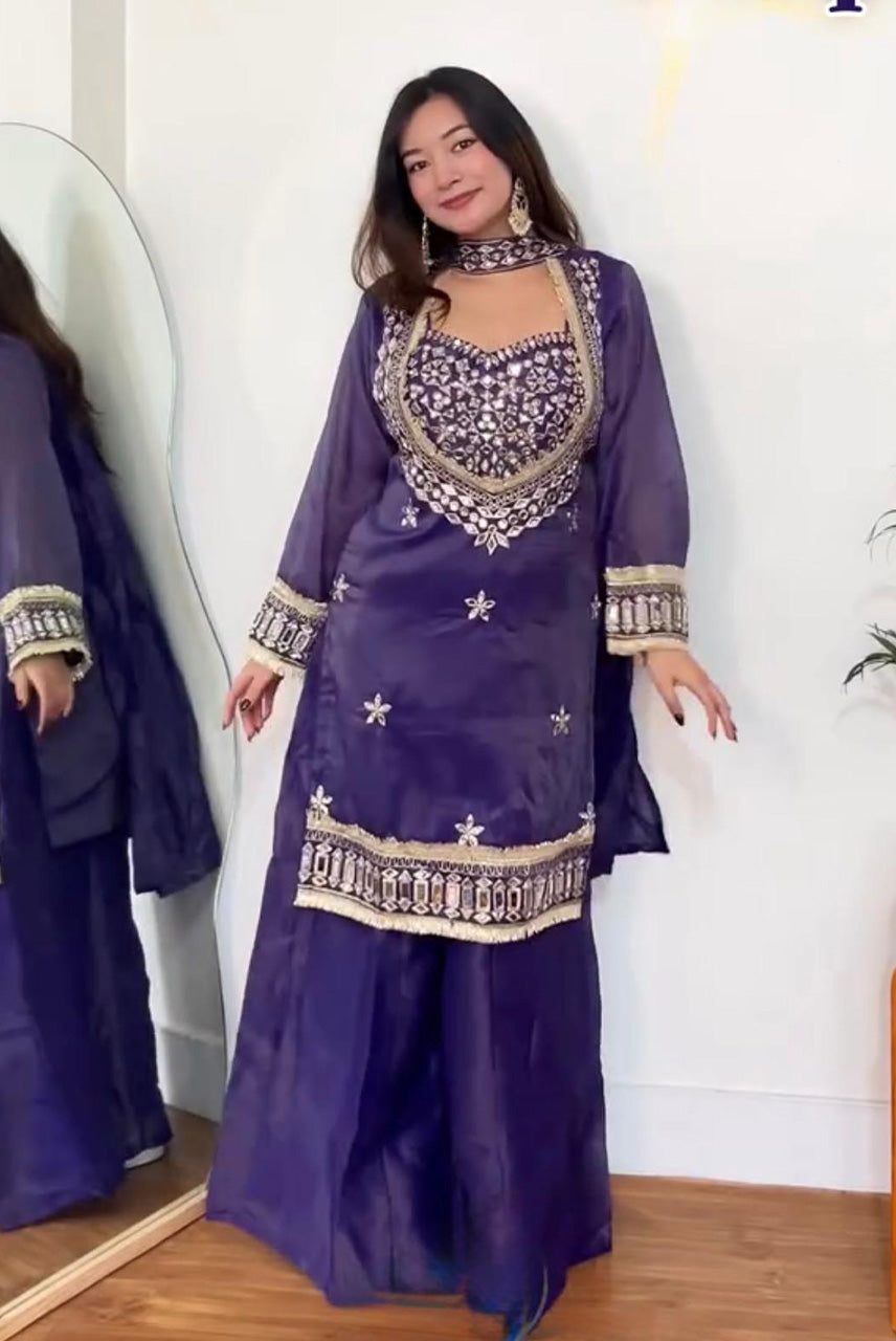 Noor-E-Afreen Purple Mirror Work Sharara Set
