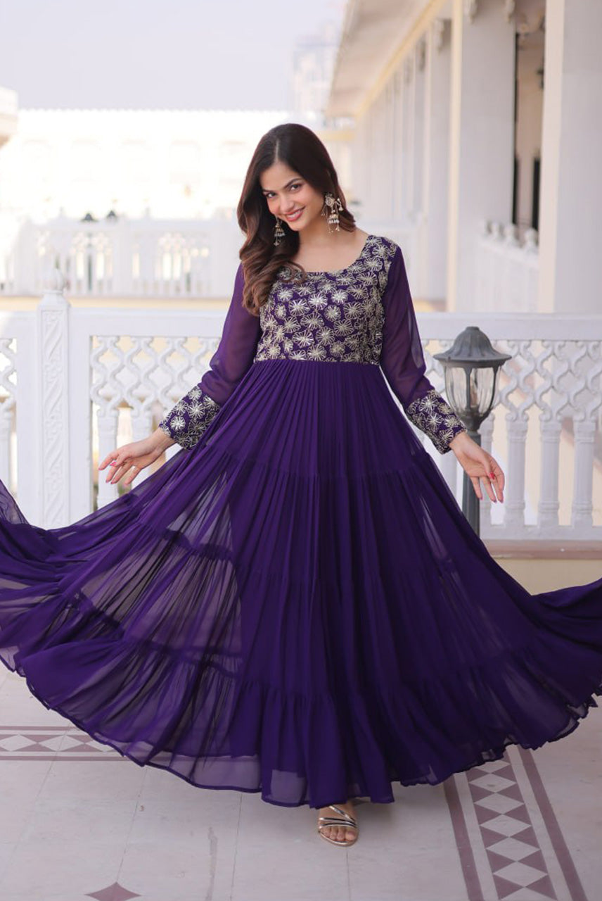 Royal Purple Embroidered Flared Anarkali Gown