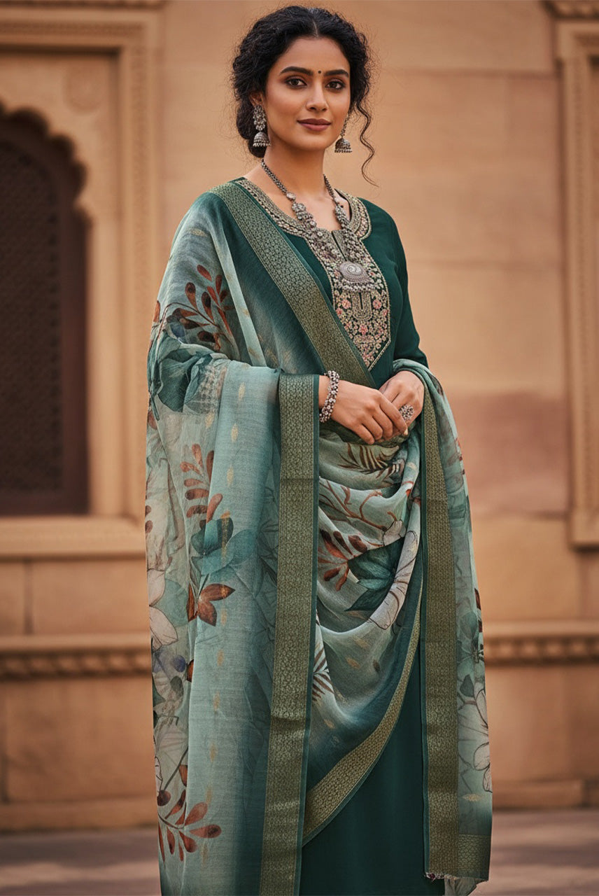 Emerald Mist Floral Organza Dupatta Kurta Set