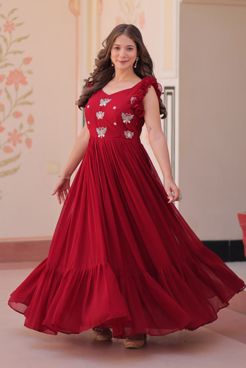 Ruby Red Butterfly Embellished Flared Anarkali Gown