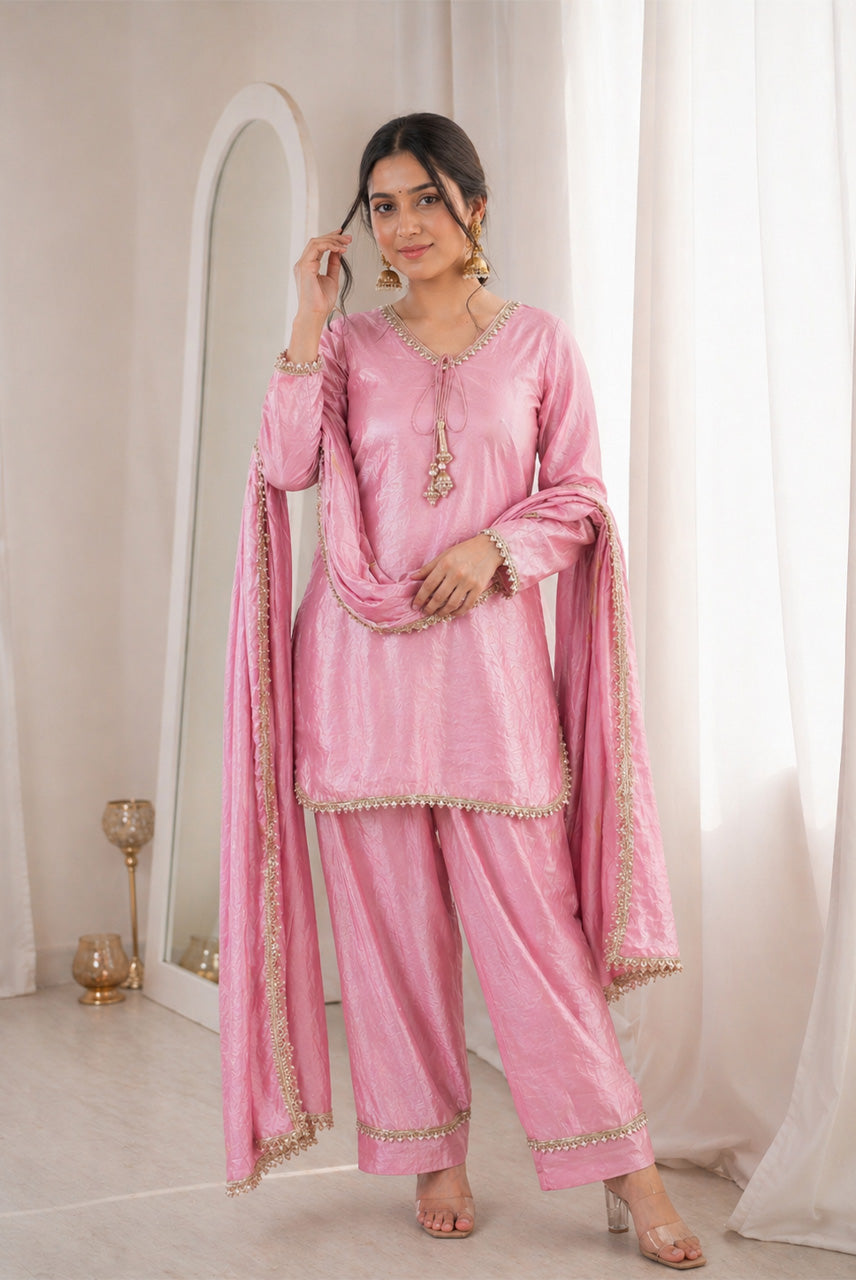 Blush Pink Embellished Kurta Pant Set with Dupatta