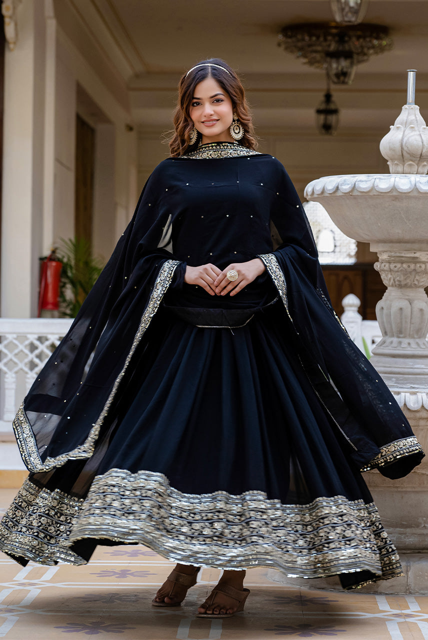 Midnight Black Embroidered Anarkali Gown with Dupatta
