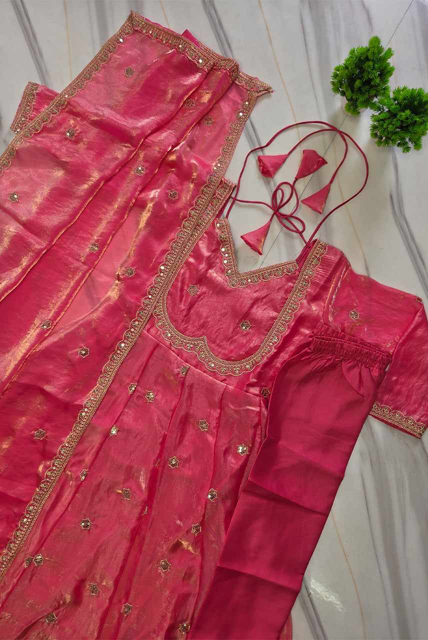 Gulnaar Pink Organza Anarkali Kurta Set