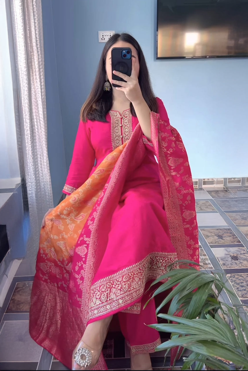 Rani Pink Festive Suit Set with Jacquard Dupatta