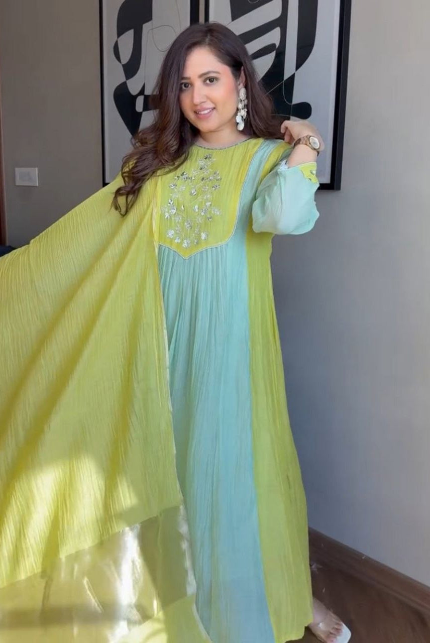 Lime Green & Mint Embroidered Anarkali Kurta Set with Dupatta