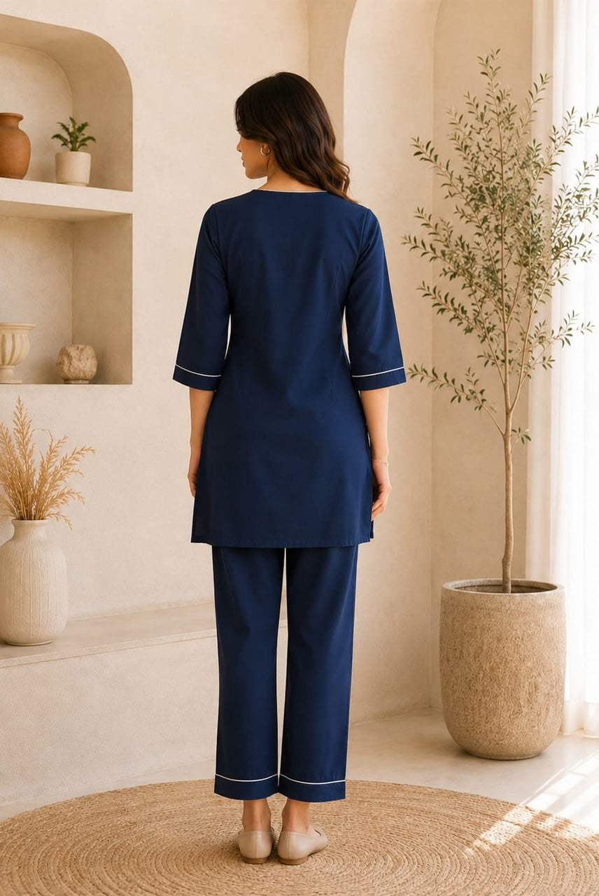 Navy Blue Embroidered Co-Ord Set for Women