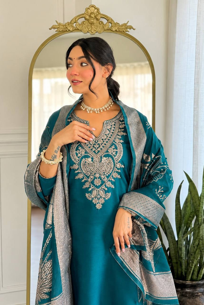 Teal Blue Embroidered Kurta Pant Set with Floral Printed Dupatta