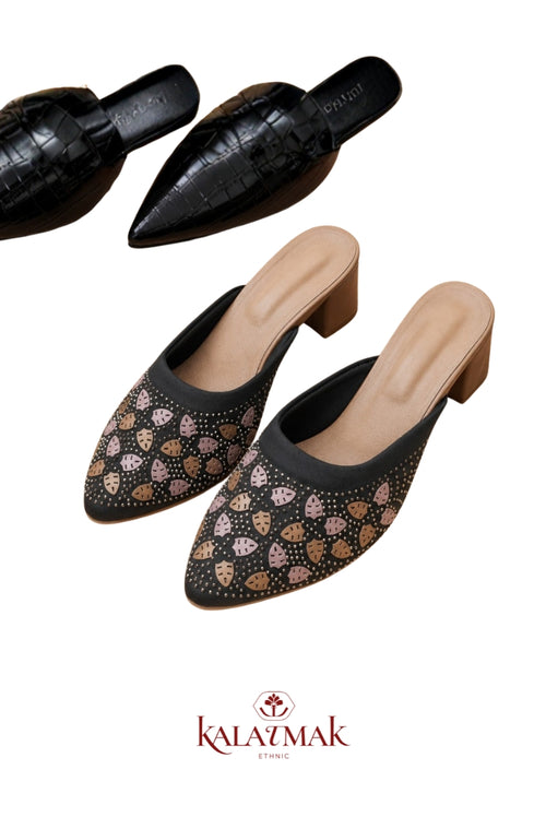 Black Leaf Embellished Block Heel Mule