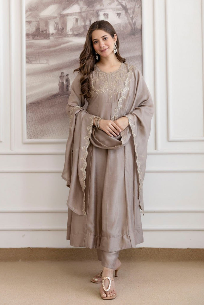 Taupe Embroidered A-Line Kurta Set with Dupatta