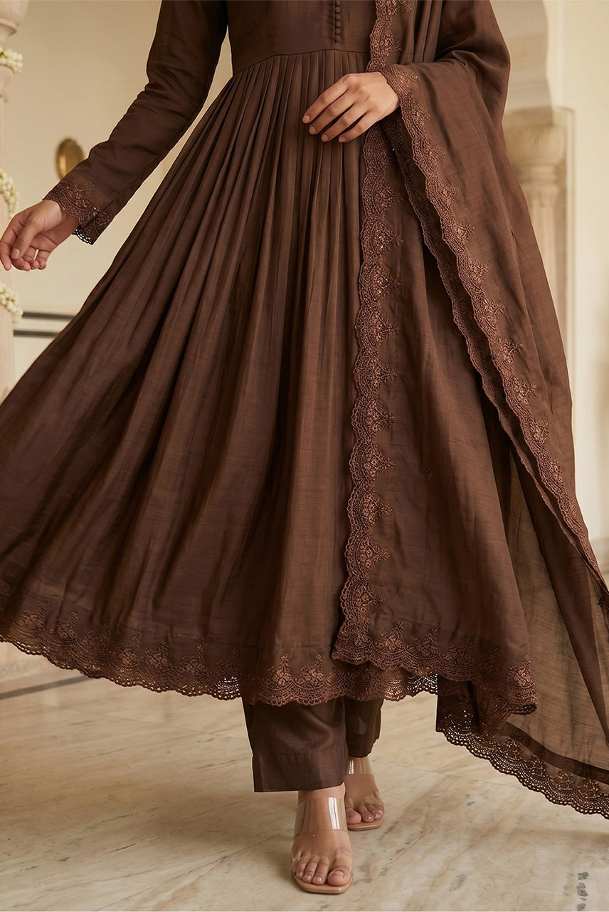 Cocoa Royale Brown Anarkali Kurta Set with Designer Dupatta