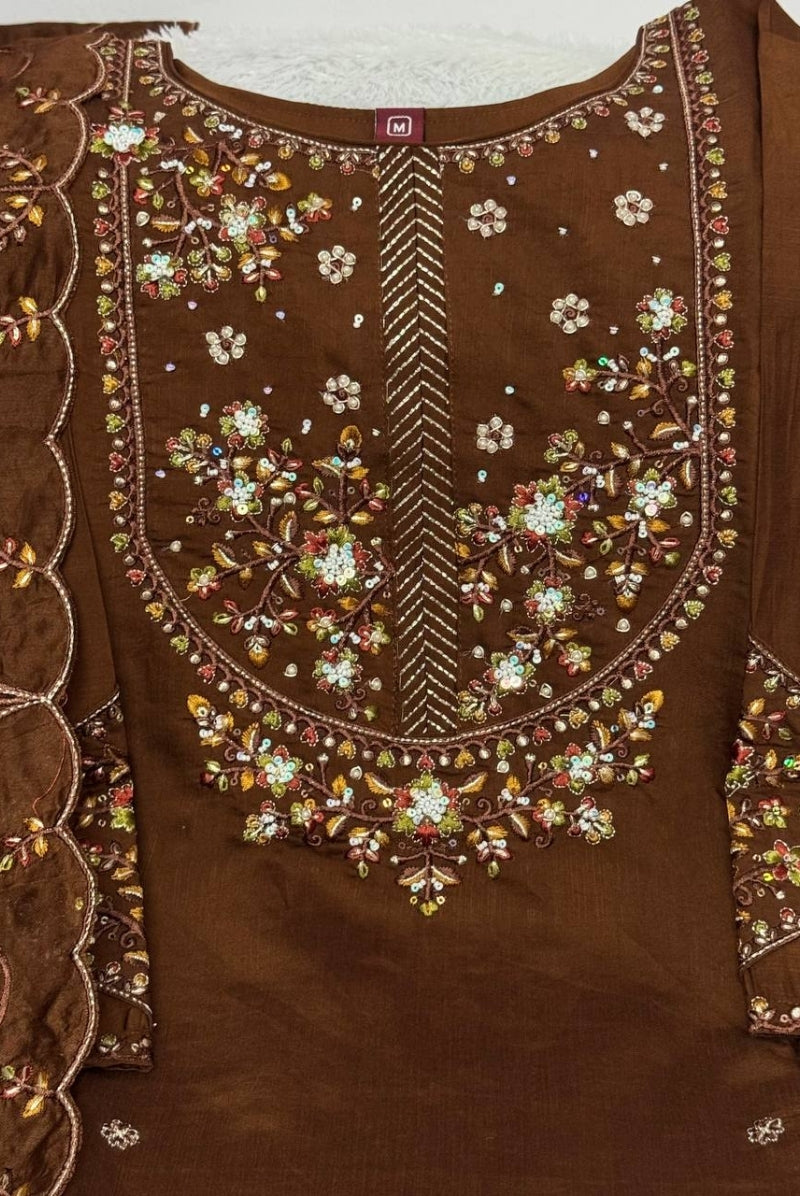 Chocolate Brown Marina Silk Embroidered Suit Set with Dupatta