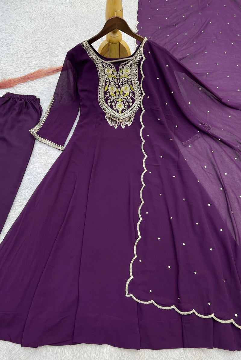 Wine Embroidered Faux Georgette Anarkali Suit Set with Dupatta