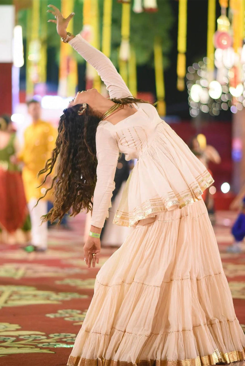 Ivory White Tiered Anarkali Gown with Ruffle Dupatta