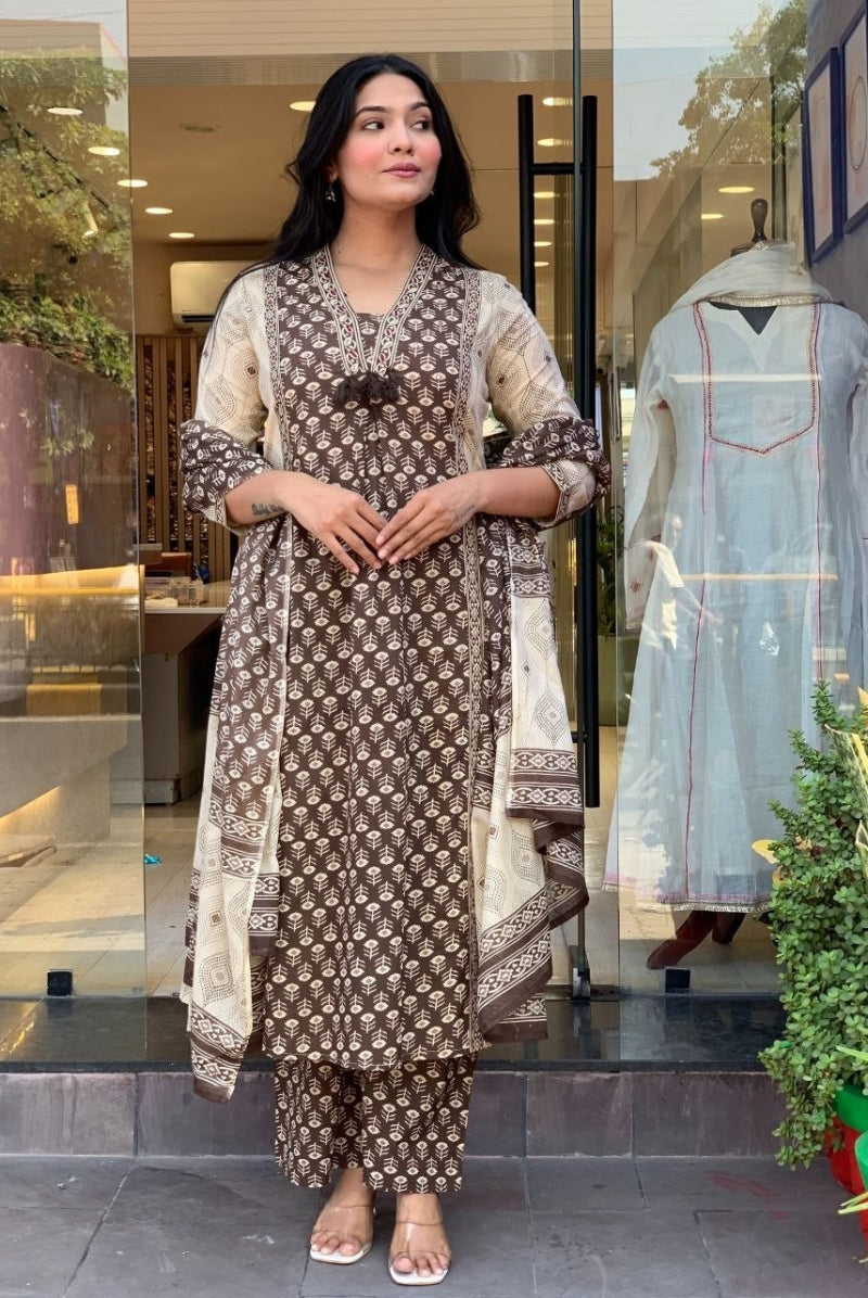 Brown & Ivory Printed Jaipur Cotton Suit Set with Dupatta