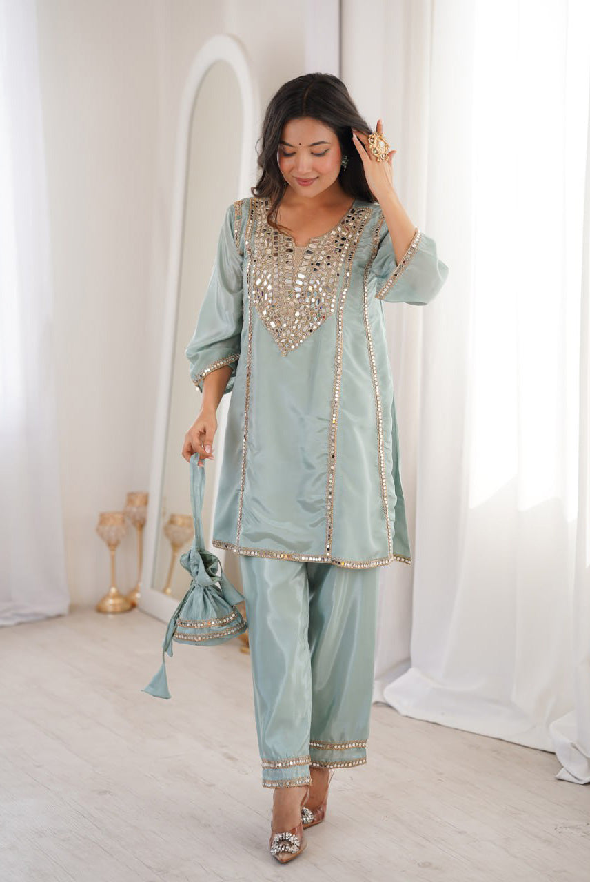 Powder Blue Mirror Work Kurta Sharara Set