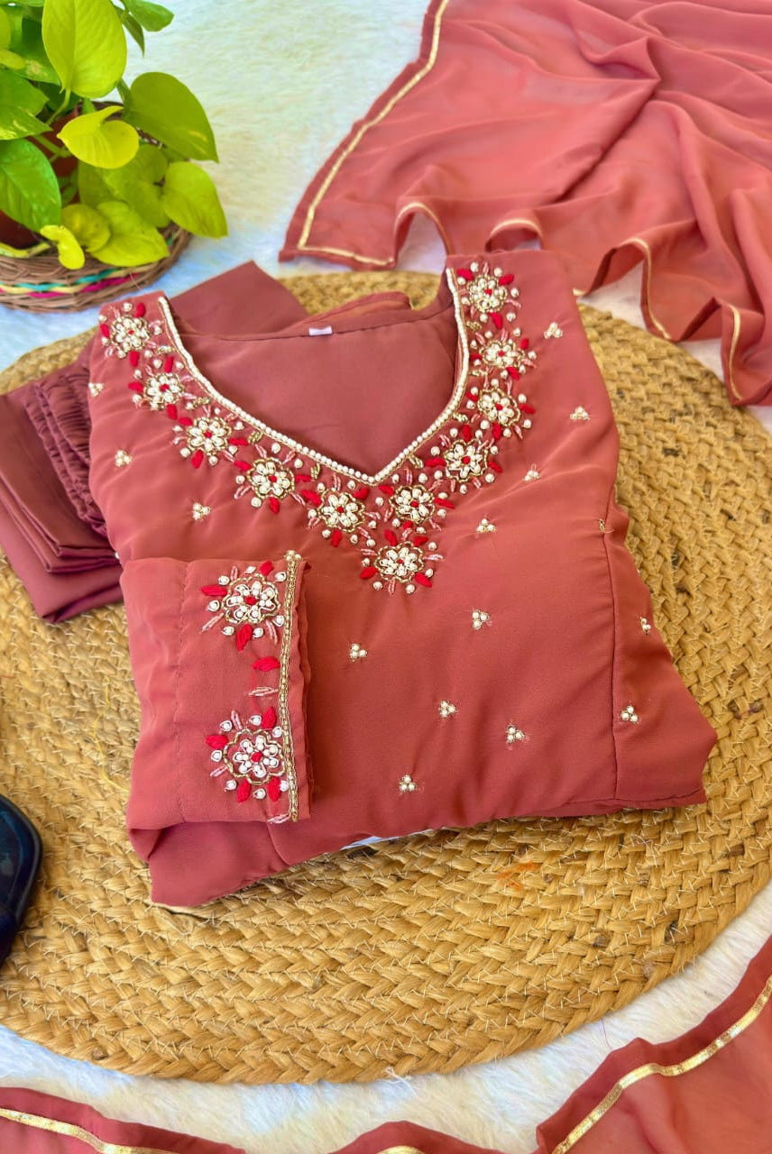 Rust Orange Embroidered Anarkali Kurta Set with Dupatta