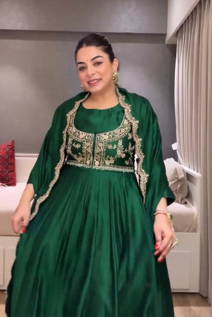 Emerald Green Embroidered Anarkali Gown Set with Dupatta