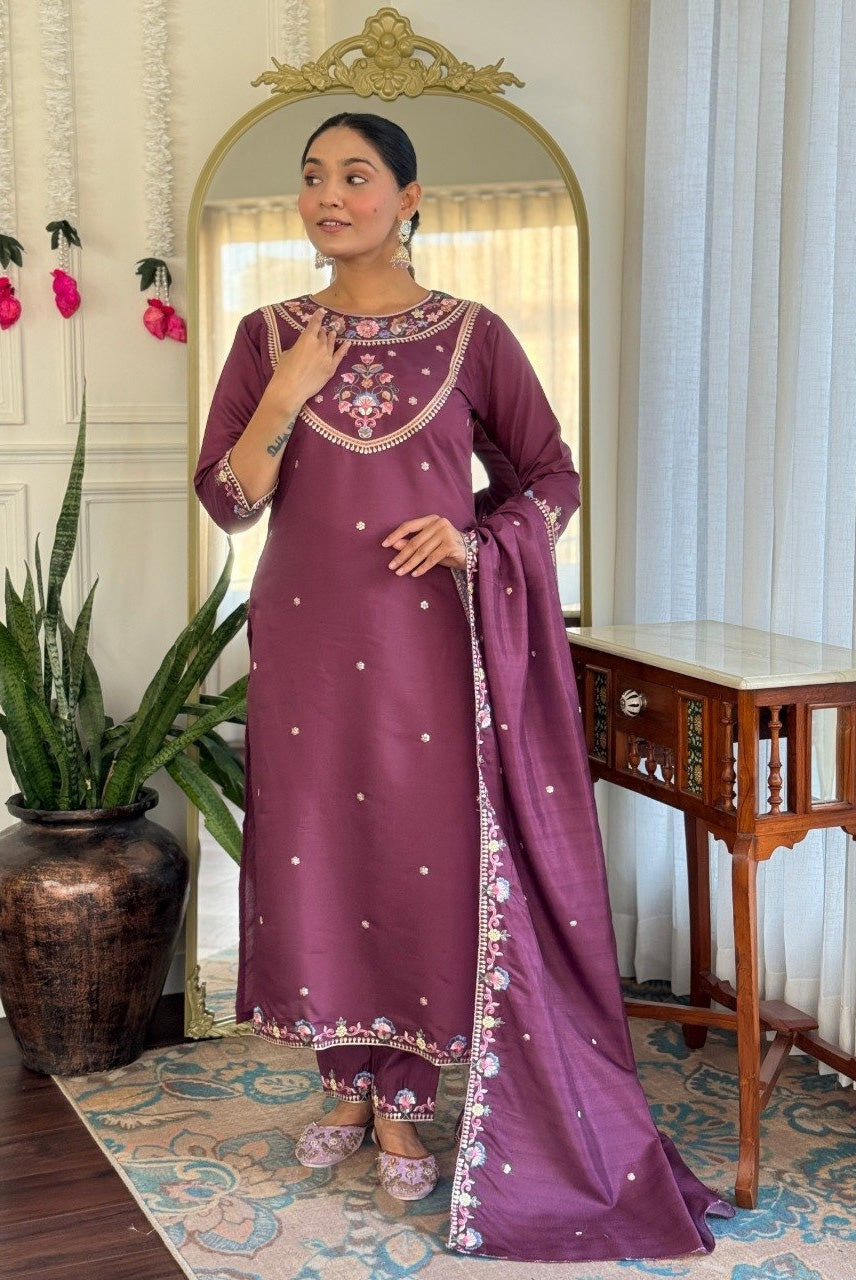 Wine Purple Floral Embroidered Kurta Set with Dupatta