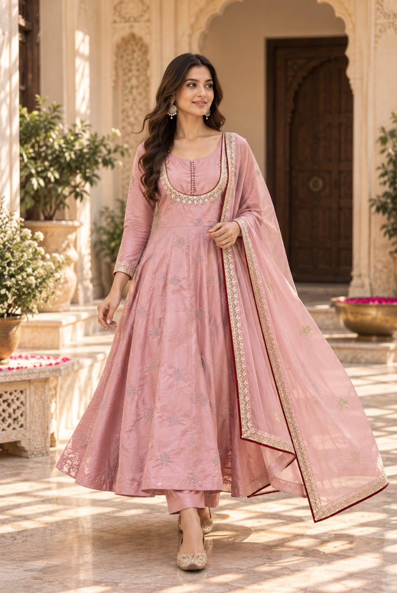 Blush Pink Embroidered Anarkali Suit Set with Dupatta