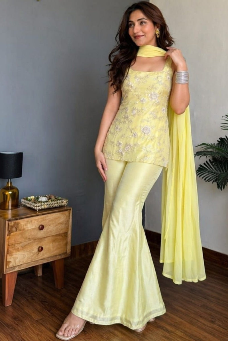 Pastel Yellow Floral Embroidered Faux Georgette Sharara Set