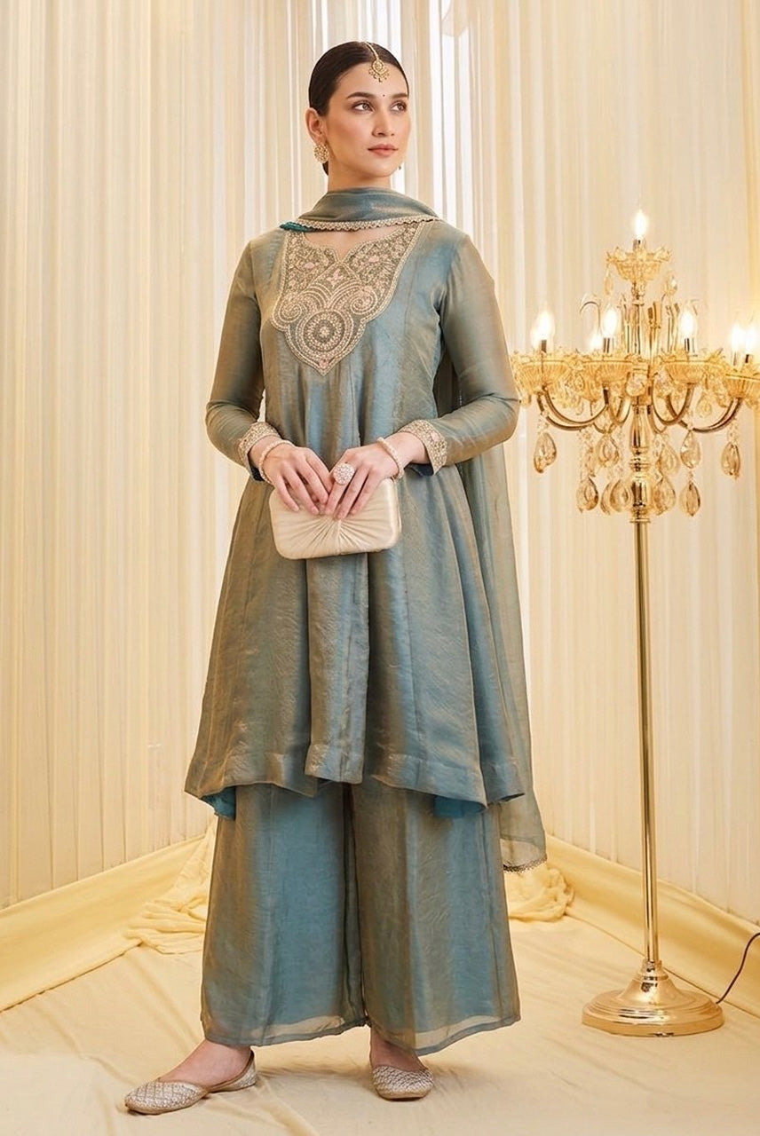 Dusty Sage Green Embroidered A-Line Kurta Palazzo Set with Dupatta