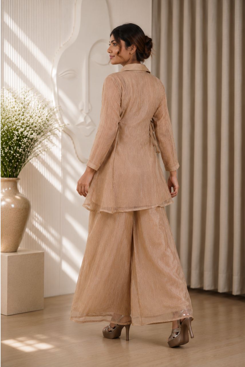 Beige Salsa Fabric Embroidered Kaftan Set with Palazzo